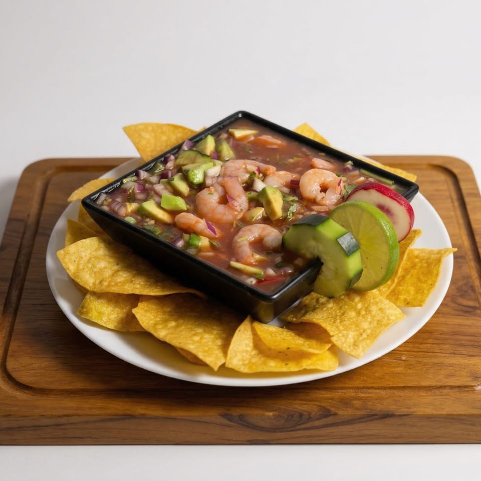 A black bowl of Mi Casita's shrimp ceviche with avocado, onions, and lime, surrounded by tortilla chips.