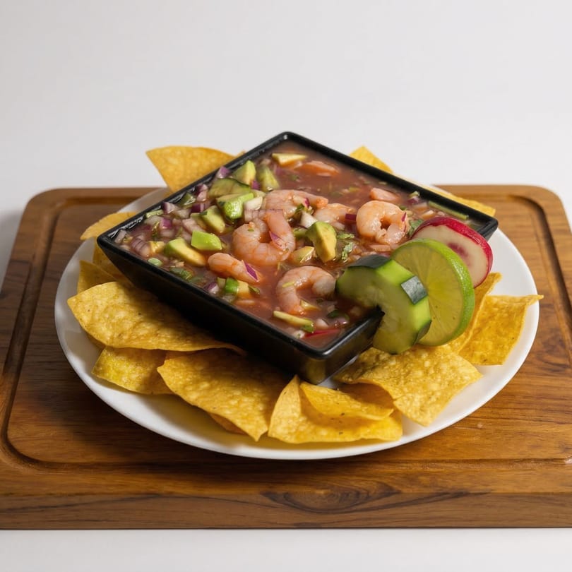A black bowl of Mi Casita's shrimp ceviche with avocado, onions, and lime, surrounded by tortilla chips.