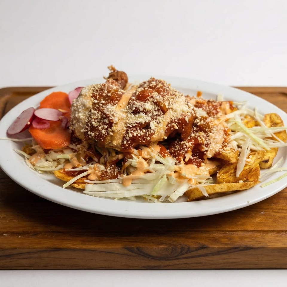 Mi Casita Restaurant's Mexican dish with fried plantains, shredded cabbage, sauce, and pickled vegetables.